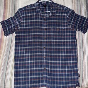 Patagonia Men's Navy and Red Plaid Button Down Shirt